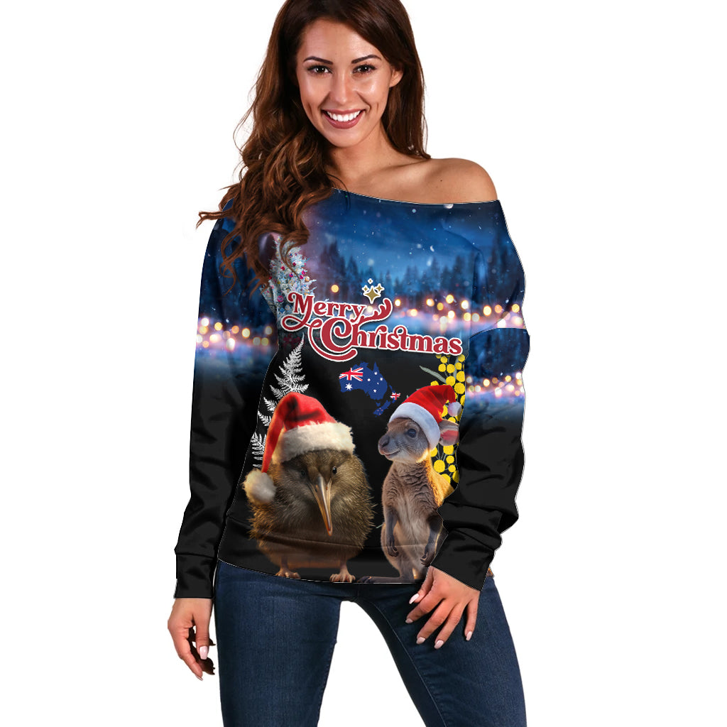 New Zealand and Australia Merry Christmas Off Shoulder Sweater Kiwi Bird and Kangaroo Xmas Vibe