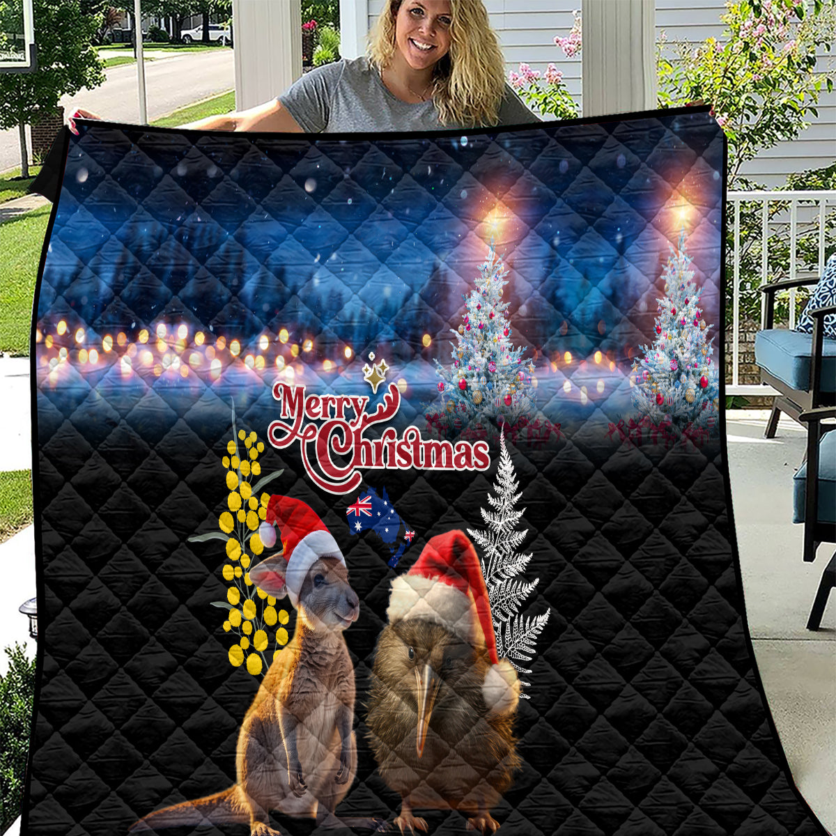 New Zealand and Australia Merry Christmas Quilt Kiwi Bird and Kangaroo Xmas Vibe