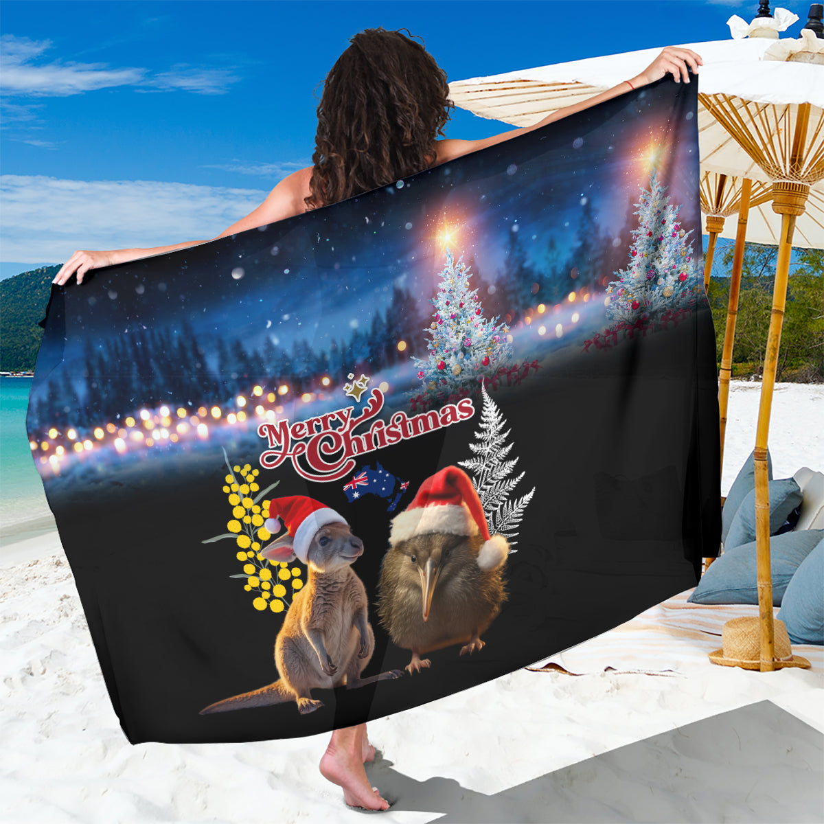 New Zealand and Australia Merry Christmas Sarong Kiwi Bird and Kangaroo Xmas Vibe