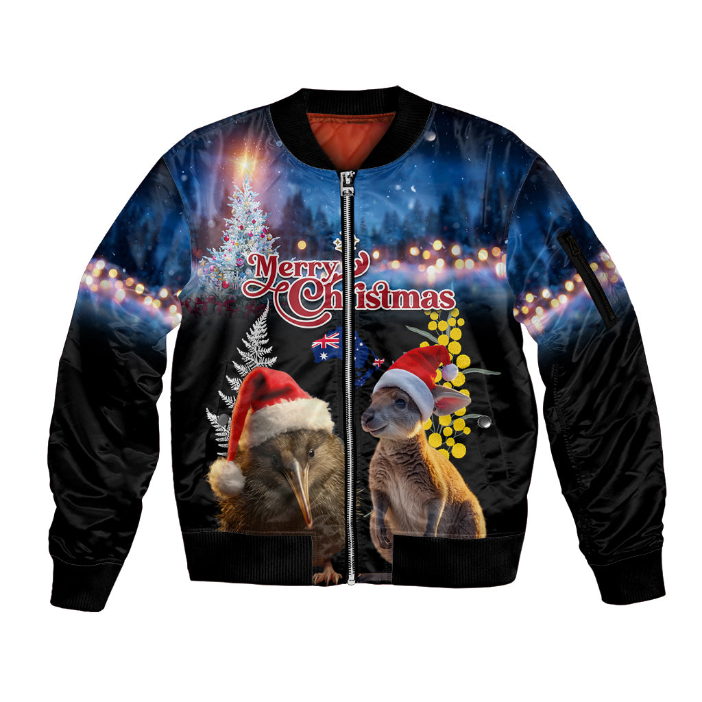 New Zealand and Australia Merry Christmas Sleeve Zip Bomber Jacket Kiwi Bird and Kangaroo Xmas Vibe