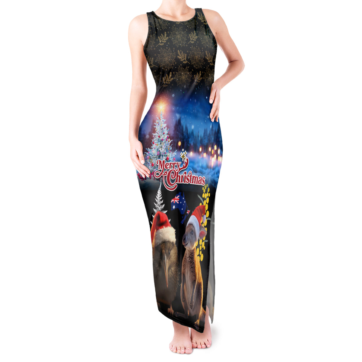 New Zealand and Australia Merry Christmas Tank Maxi Dress Kiwi Bird and Kangaroo Xmas Vibe