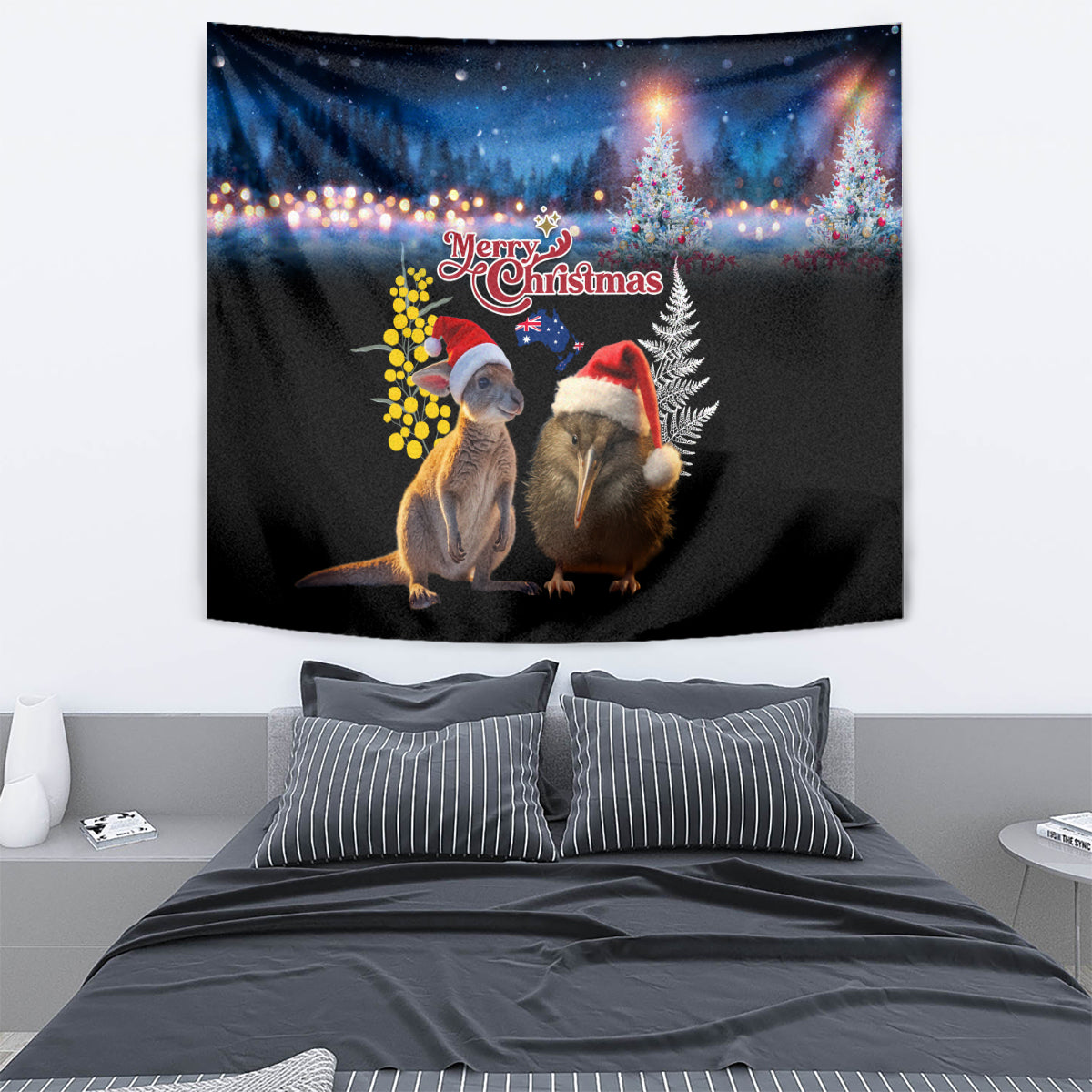 New Zealand and Australia Merry Christmas Tapestry Kiwi Bird and Kangaroo Xmas Vibe