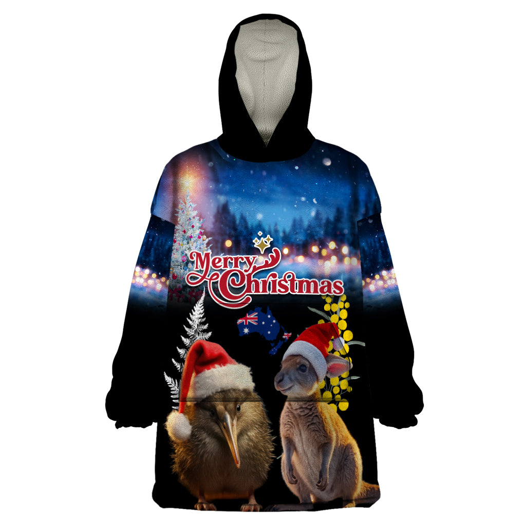 New Zealand and Australia Merry Christmas Wearable Blanket Hoodie Kiwi Bird and Kangaroo Xmas Vibe