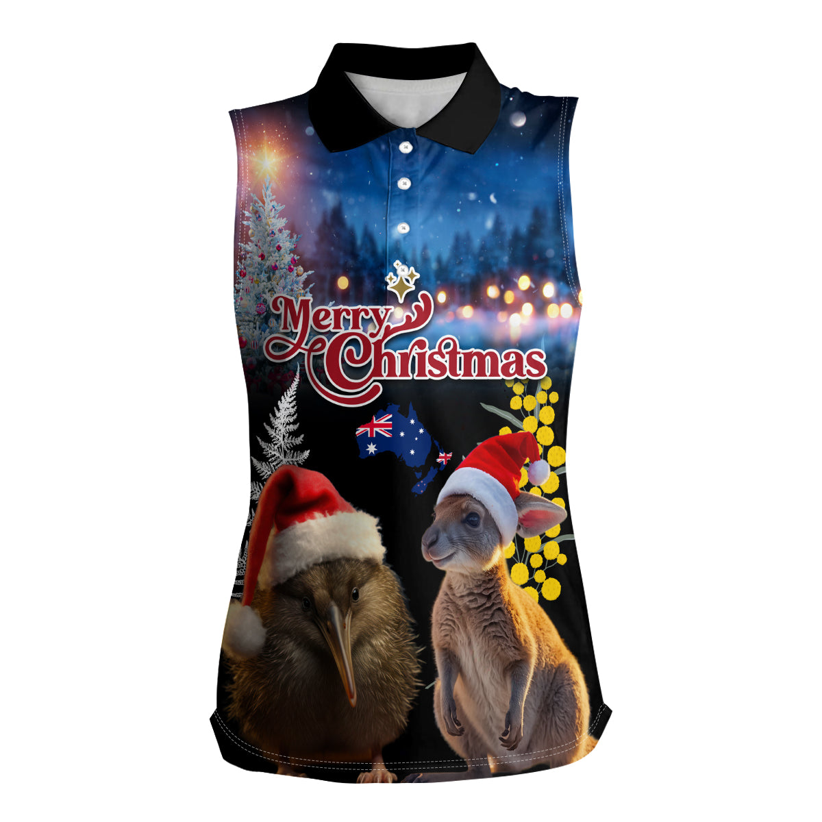 New Zealand and Australia Merry Christmas Women Sleeveless Polo Shirt Kiwi Bird and Kangaroo Xmas Vibe