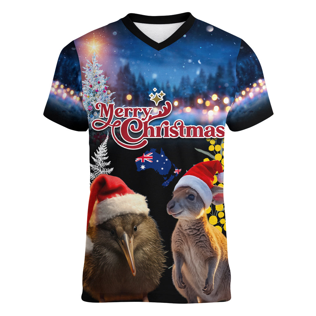 New Zealand and Australia Merry Christmas Women V-Neck T-Shirt Kiwi Bird and Kangaroo Xmas Vibe