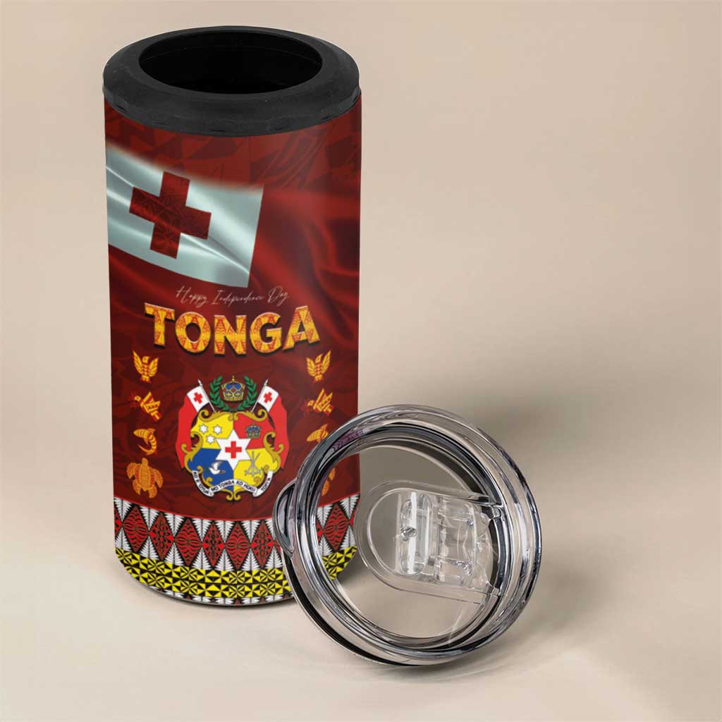 Tonga Independence Day 4 in 1 Can Cooler Tumbler National Flag and Emblem with Ngatu Art Pattern LT03 - Polynesian Pride