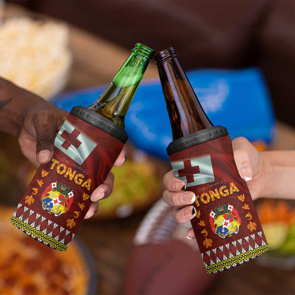 Tonga Independence Day 4 in 1 Can Cooler Tumbler National Flag and Emblem with Ngatu Art Pattern LT03 - Polynesian Pride
