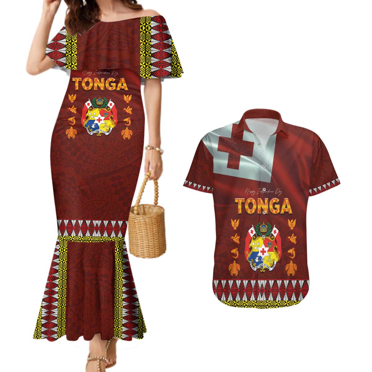 Tonga Independence Day Couples Matching Mermaid Dress and Hawaiian Shirt National Flag and Emblem with Ngatu Art Pattern LT03 Red - Polynesian Pride
