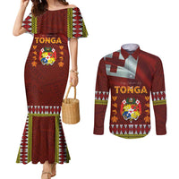 Tonga Independence Day Couples Matching Mermaid Dress and Long Sleeve Button Shirt National Flag and Emblem with Ngatu Art Pattern LT03 Red - Polynesian Pride