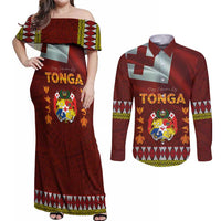 Tonga Independence Day Couples Matching Off Shoulder Maxi Dress and Long Sleeve Button Shirt National Flag and Emblem with Ngatu Art Pattern