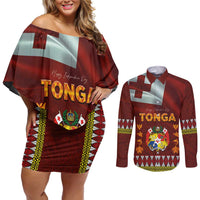 Tonga Independence Day Couples Matching Off Shoulder Short Dress and Long Sleeve Button Shirt National Flag and Emblem with Ngatu Art Pattern