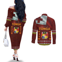 Tonga Independence Day Couples Matching Off The Shoulder Long Sleeve Dress and Long Sleeve Button Shirt National Flag and Emblem with Ngatu Art Pattern LT03 - Polynesian Pride