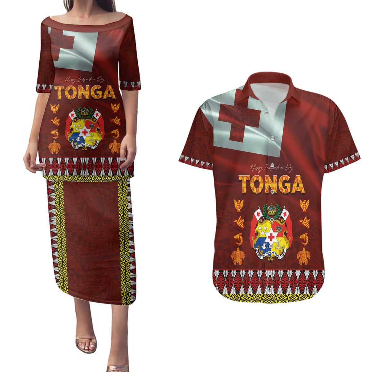 Tonga Independence Day Couples Matching Puletasi and Hawaiian Shirt National Flag and Emblem with Ngatu Art Pattern LT03 Red - Polynesian Pride