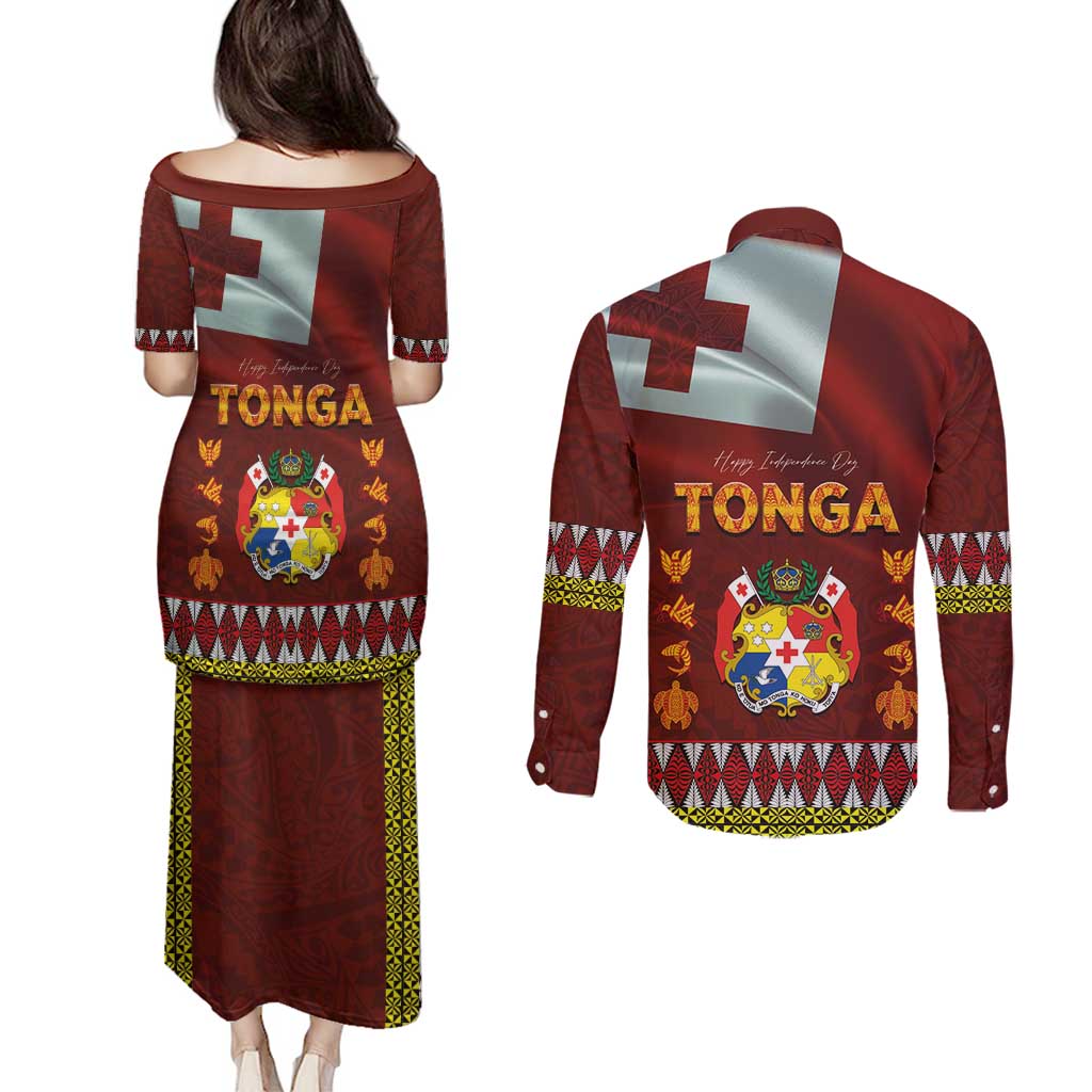 Tonga Independence Day Couples Matching Puletasi and Long Sleeve Button Shirt National Flag and Emblem with Ngatu Art Pattern LT03 - Polynesian Pride