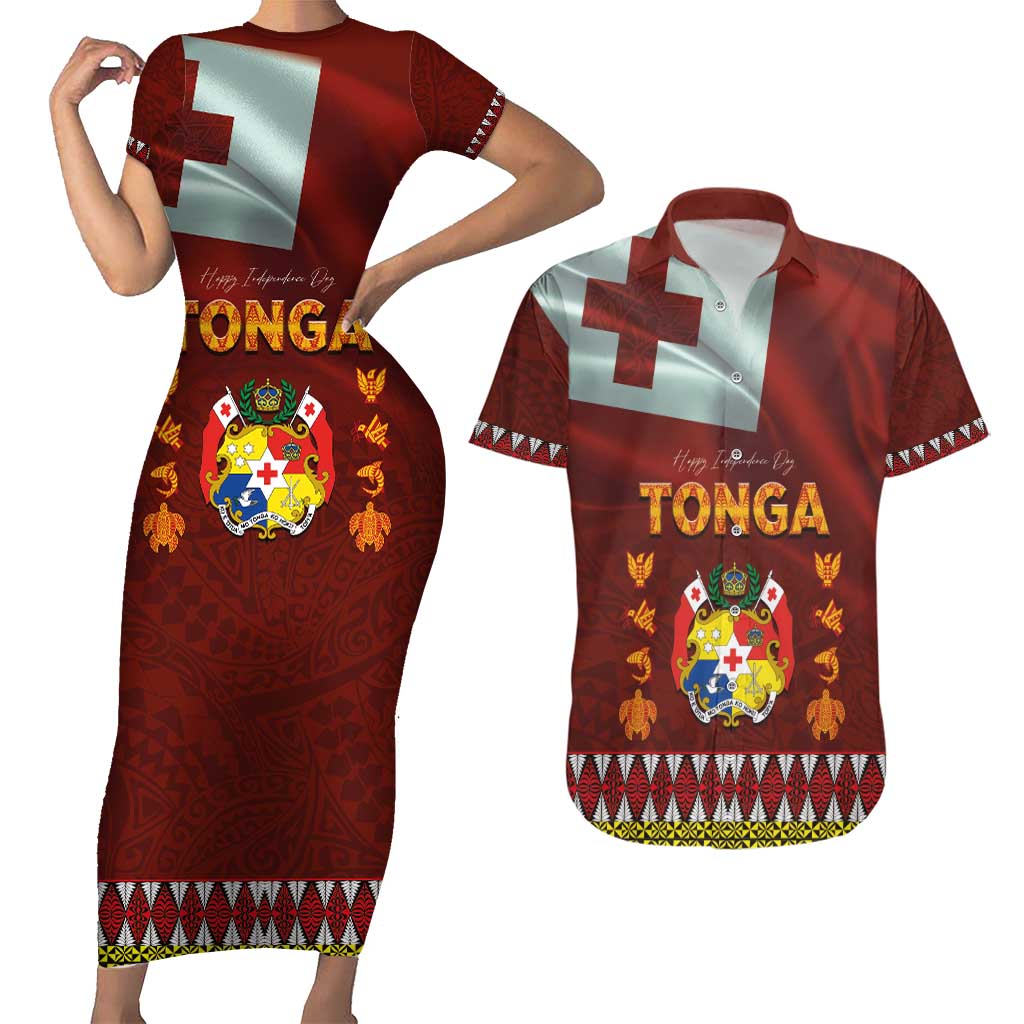 Tonga Independence Day Couples Matching Short Sleeve Bodycon Dress and Hawaiian Shirt National Flag and Emblem with Ngatu Art Pattern LT03 Red - Polynesian Pride