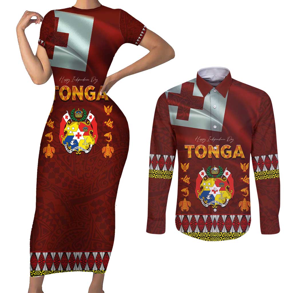 Tonga Independence Day Couples Matching Short Sleeve Bodycon Dress and Long Sleeve Button Shirt National Flag and Emblem with Ngatu Art Pattern LT03 Red - Polynesian Pride