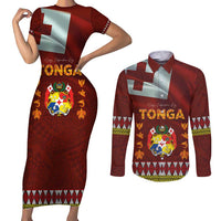 Tonga Independence Day Couples Matching Short Sleeve Bodycon Dress and Long Sleeve Button Shirt National Flag and Emblem with Ngatu Art Pattern LT03 Red - Polynesian Pride