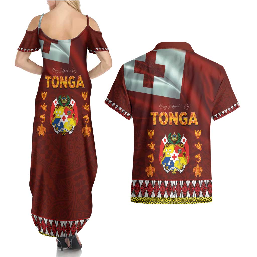 Tonga Independence Day Couples Matching Summer Maxi Dress and Hawaiian Shirt National Flag and Emblem with Ngatu Art Pattern LT03 - Polynesian Pride