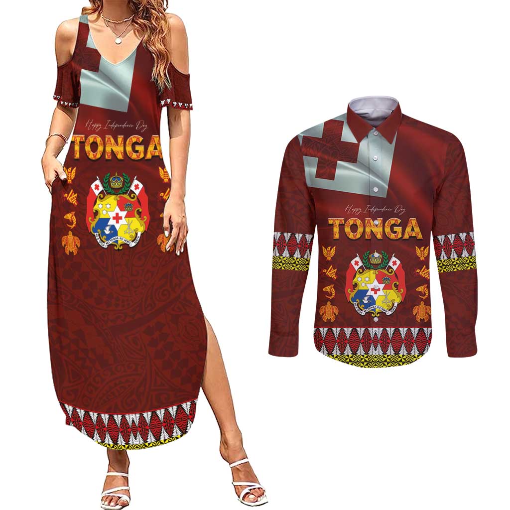 Tonga Independence Day Couples Matching Summer Maxi Dress and Long Sleeve Button Shirt National Flag and Emblem with Ngatu Art Pattern LT03 Red - Polynesian Pride