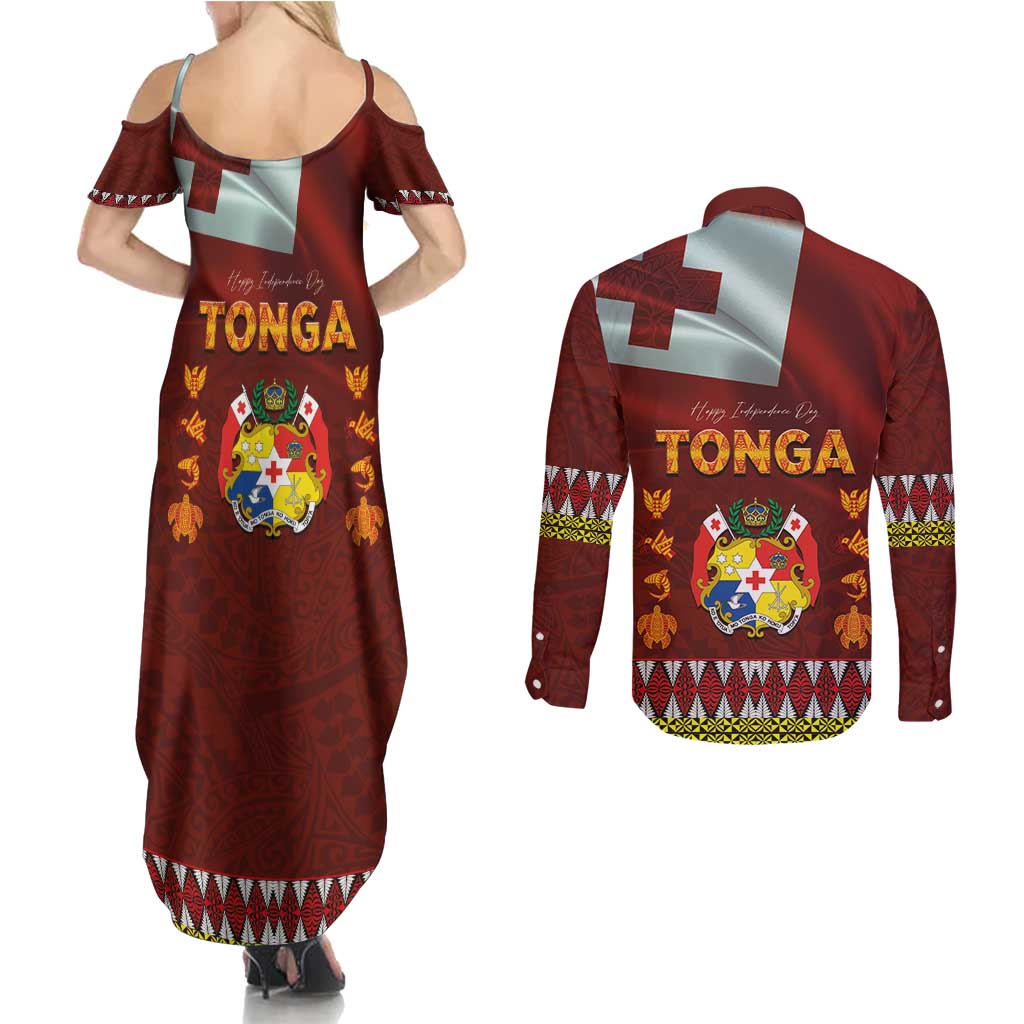 Tonga Independence Day Couples Matching Summer Maxi Dress and Long Sleeve Button Shirt National Flag and Emblem with Ngatu Art Pattern LT03 - Polynesian Pride