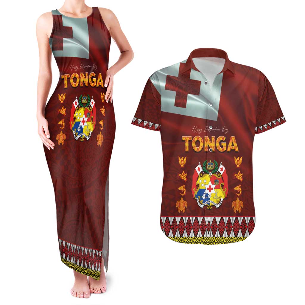Tonga Independence Day Couples Matching Tank Maxi Dress and Hawaiian Shirt National Flag and Emblem with Ngatu Art Pattern LT03 Red - Polynesian Pride