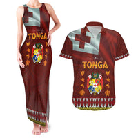 Tonga Independence Day Couples Matching Tank Maxi Dress and Hawaiian Shirt National Flag and Emblem with Ngatu Art Pattern LT03 Red - Polynesian Pride