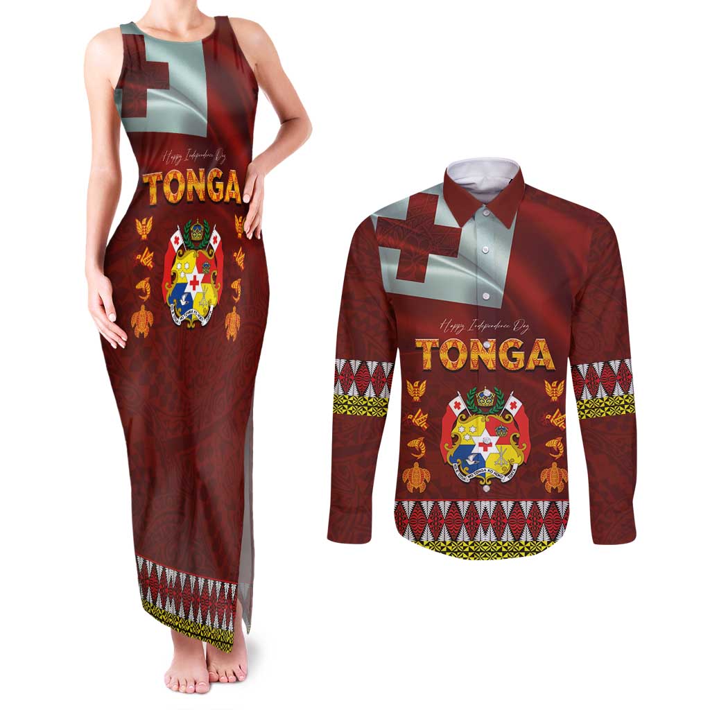 Tonga Independence Day Couples Matching Tank Maxi Dress and Long Sleeve Button Shirt National Flag and Emblem with Ngatu Art Pattern LT03 Red - Polynesian Pride