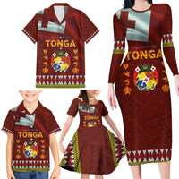 Tonga Independence Day Family Matching Long Sleeve Bodycon Dress and Hawaiian Shirt National Flag and Emblem with Ngatu Art Pattern