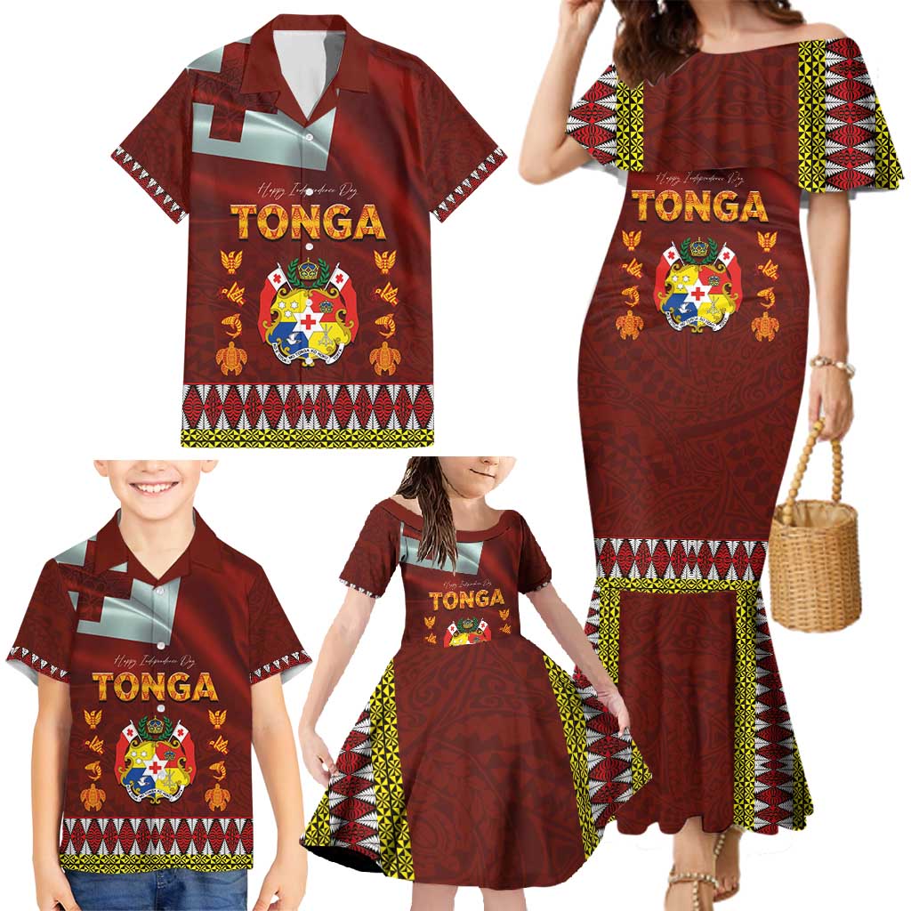 Tonga Independence Day Family Matching Mermaid Dress and Hawaiian Shirt National Flag and Emblem with Ngatu Art Pattern