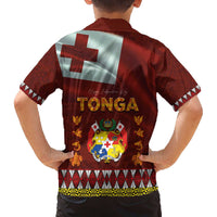 Tonga Independence Day Family Matching Off The Shoulder Long Sleeve Dress and Hawaiian Shirt National Flag and Emblem with Ngatu Art Pattern