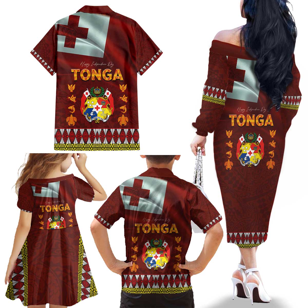 Tonga Independence Day Family Matching Off The Shoulder Long Sleeve Dress and Hawaiian Shirt National Flag and Emblem with Ngatu Art Pattern