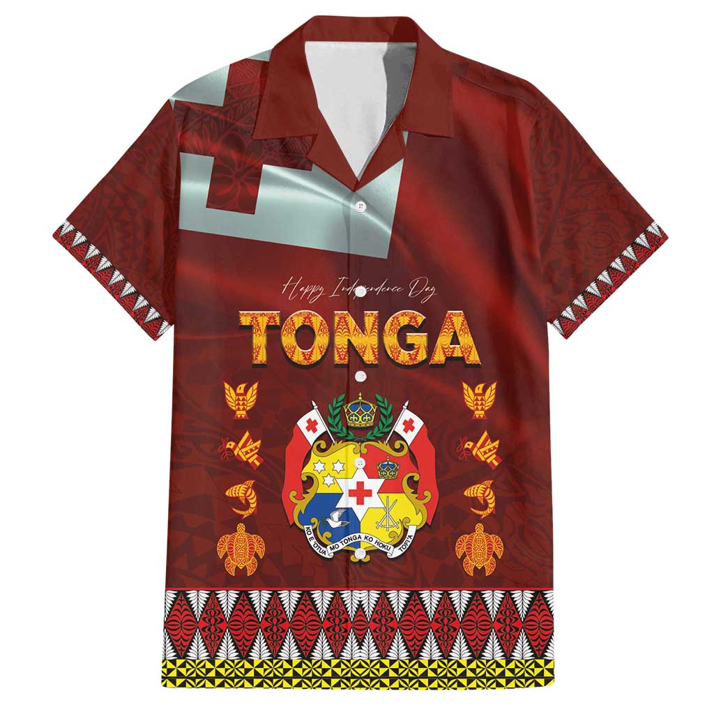 Tonga Independence Day Family Matching Off Shoulder Short Dress and Hawaiian Shirt National Flag and Emblem with Ngatu Art Pattern