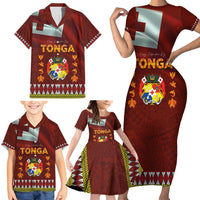 Tonga Independence Day Family Matching Short Sleeve Bodycon Dress and Hawaiian Shirt National Flag and Emblem with Ngatu Art Pattern