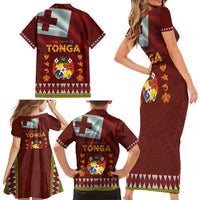 Tonga Independence Day Family Matching Short Sleeve Bodycon Dress and Hawaiian Shirt National Flag and Emblem with Ngatu Art Pattern