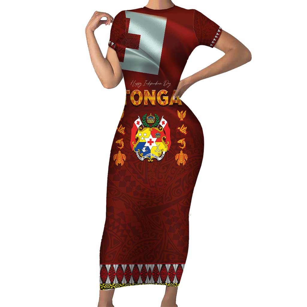 Tonga Independence Day Family Matching Short Sleeve Bodycon Dress and Hawaiian Shirt National Flag and Emblem with Ngatu Art Pattern