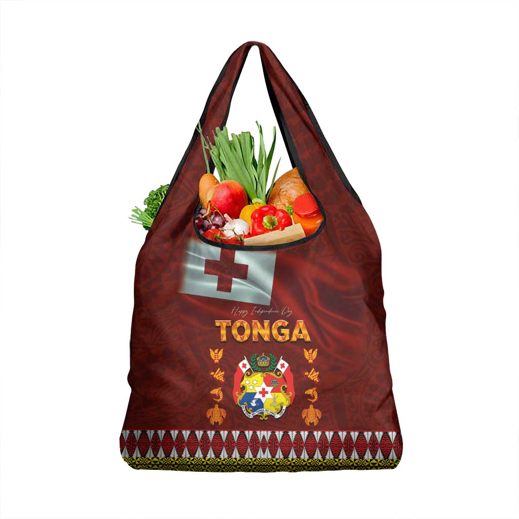 Tonga Independence Day Grocery Bag National Flag and Emblem with Ngatu Art Pattern LT03 1-pack One Size Red - Polynesian Pride