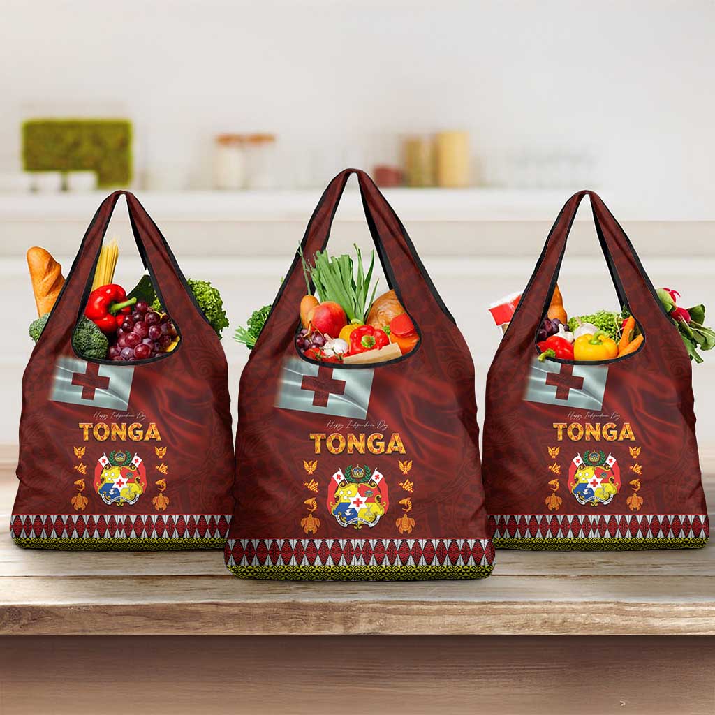 Tonga Independence Day Grocery Bag National Flag and Emblem with Ngatu Art Pattern LT03 3-pack One Size Red - Polynesian Pride