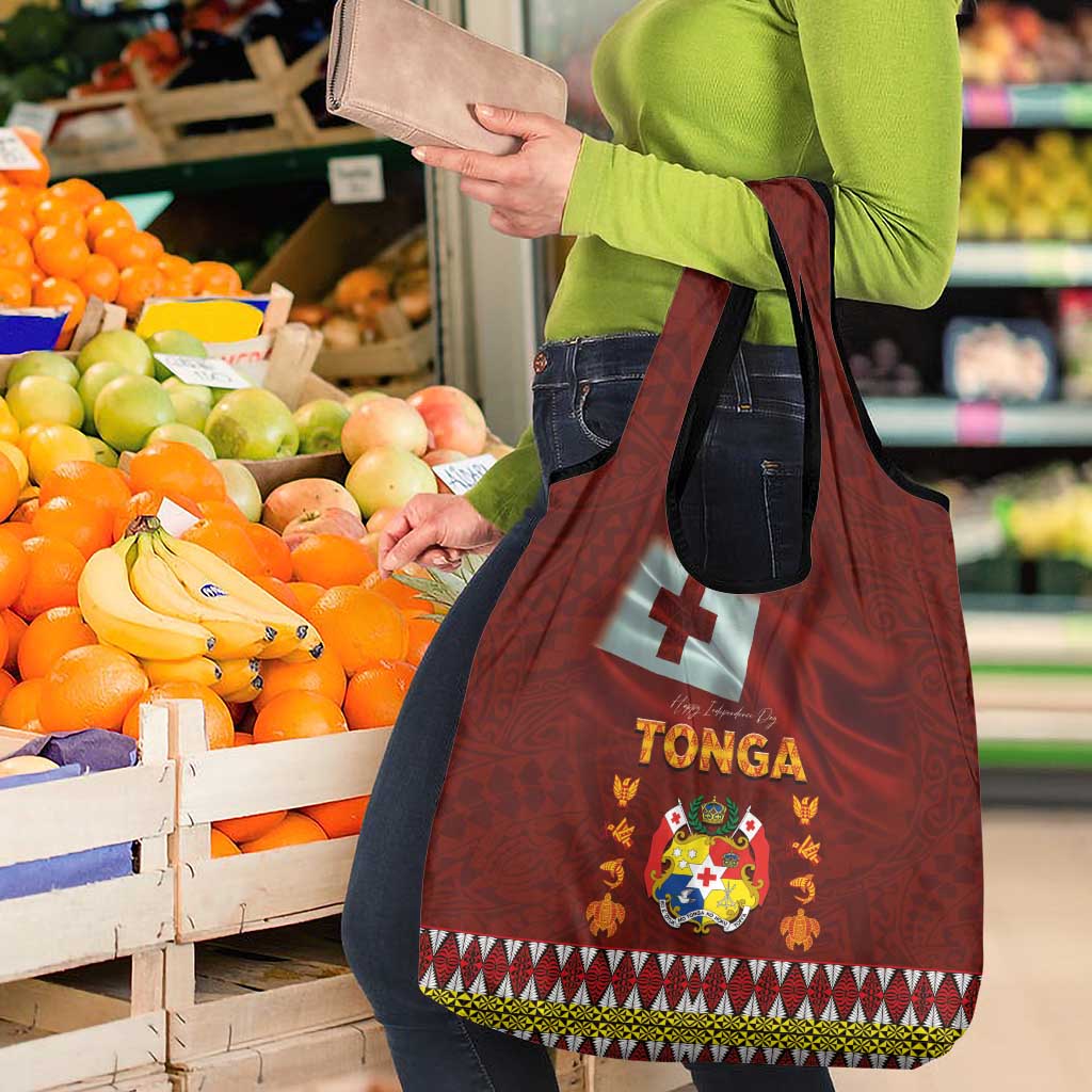 Tonga Independence Day Grocery Bag National Flag and Emblem with Ngatu Art Pattern LT03 - Polynesian Pride