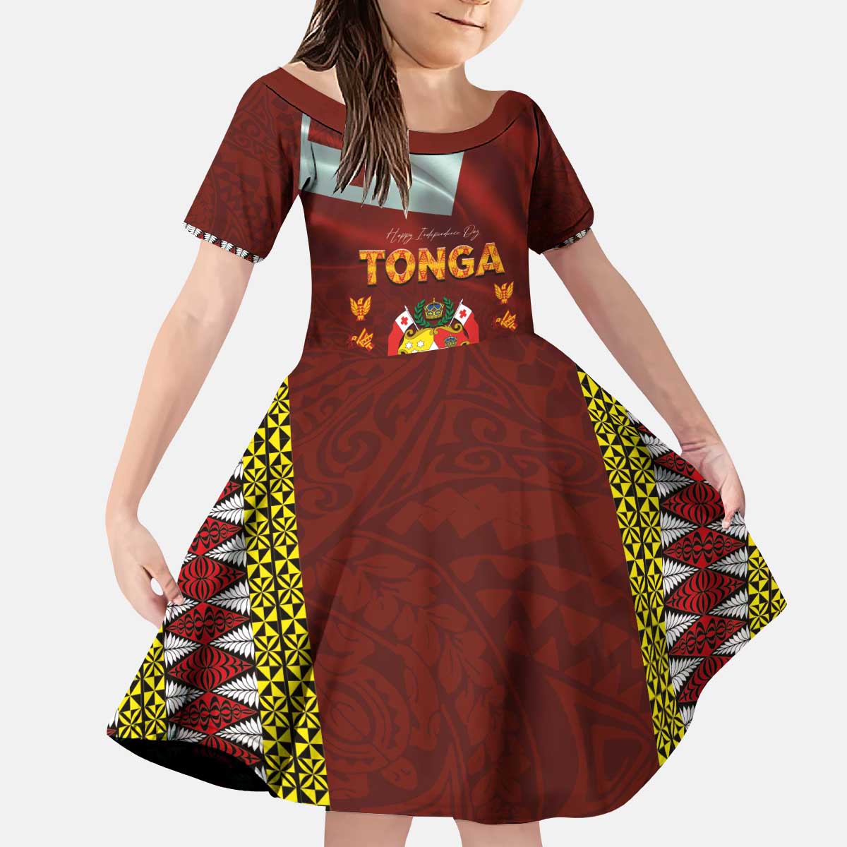 Tonga Independence Day Kid Short Sleeve Dress National Flag and Emblem with Ngatu Art Pattern LT03 KID Red - Polynesian Pride