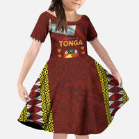 Tonga Independence Day Kid Short Sleeve Dress National Flag and Emblem with Ngatu Art Pattern LT03 KID Red - Polynesian Pride