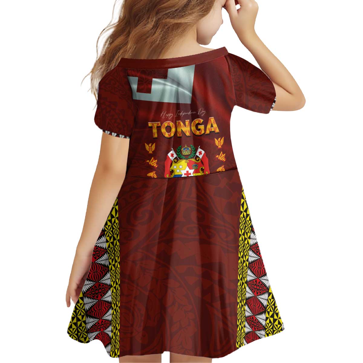 Tonga Independence Day Kid Short Sleeve Dress National Flag and Emblem with Ngatu Art Pattern LT03 - Polynesian Pride