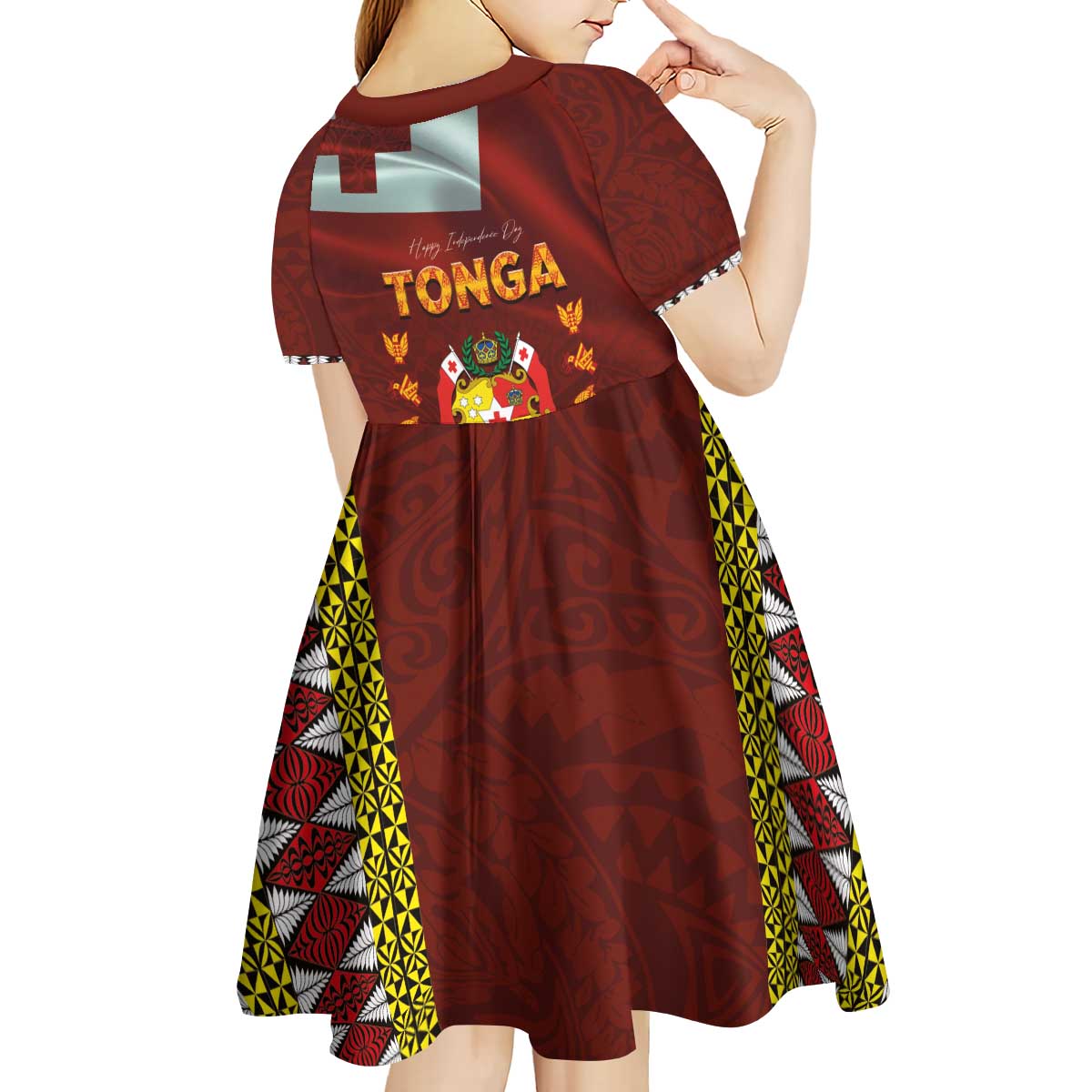 Tonga Independence Day Kid Short Sleeve Dress National Flag and Emblem with Ngatu Art Pattern LT03 - Polynesian Pride