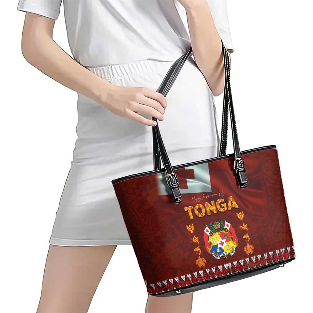 Tonga Independence Day Leather Tote Bag National Flag and Emblem with Ngatu Art Pattern