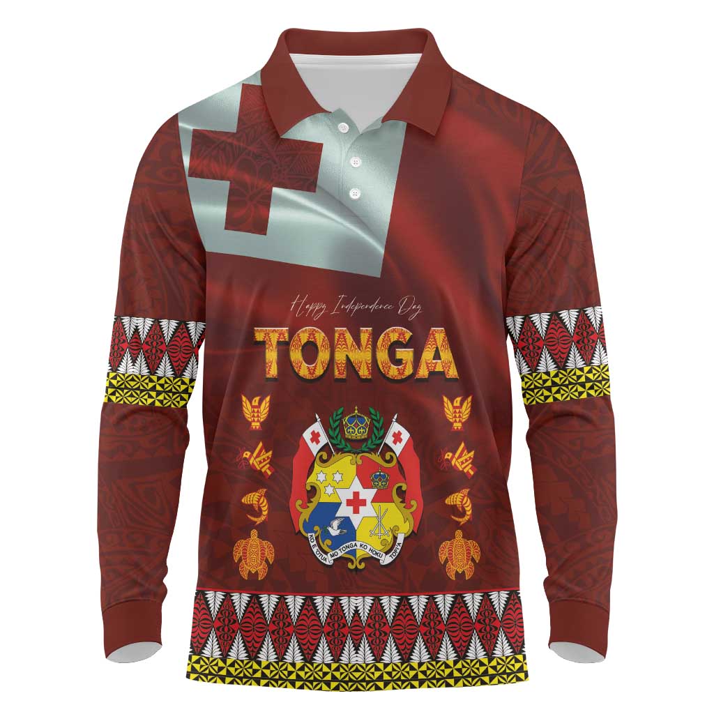 Tonga Independence Day Long Sleeve Polo Shirt National Flag and Emblem with Ngatu Art Pattern