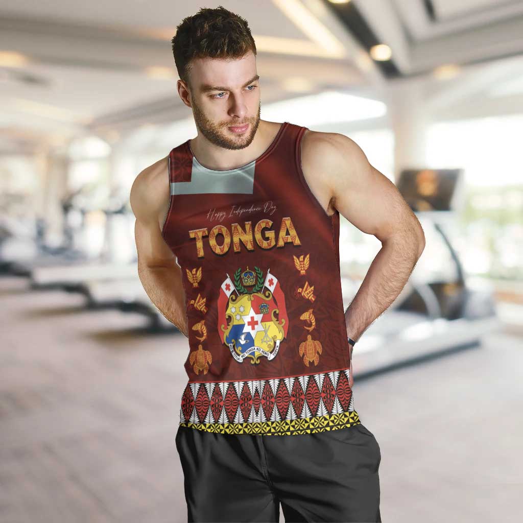 Tonga Independence Day Men Tank Top National Flag and Emblem with Ngatu Art Pattern LT03 Red - Polynesian Pride