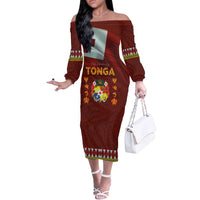Tonga Independence Day Off The Shoulder Long Sleeve Dress National Flag and Emblem with Ngatu Art Pattern
