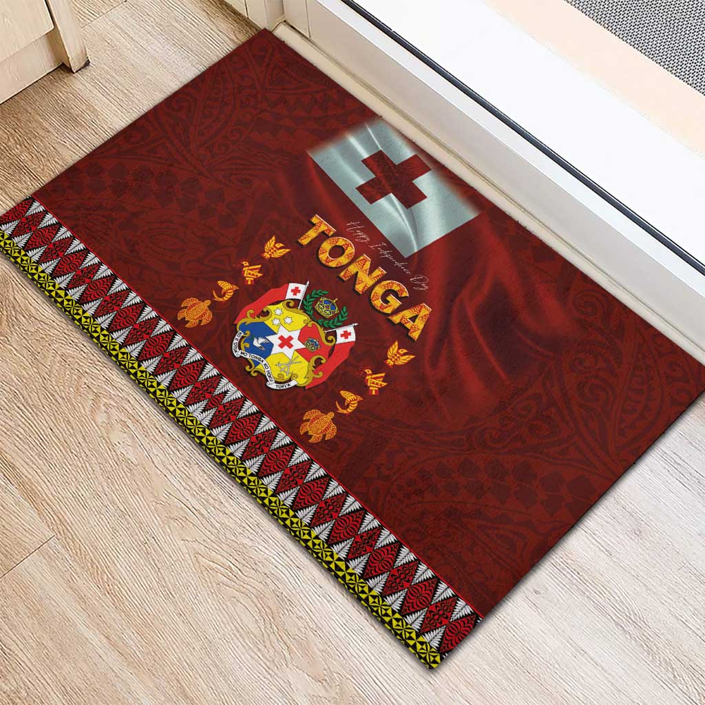 Tonga Independence Day Rubber Doormat National Flag and Emblem with Ngatu Art Pattern LT03 - Polynesian Pride