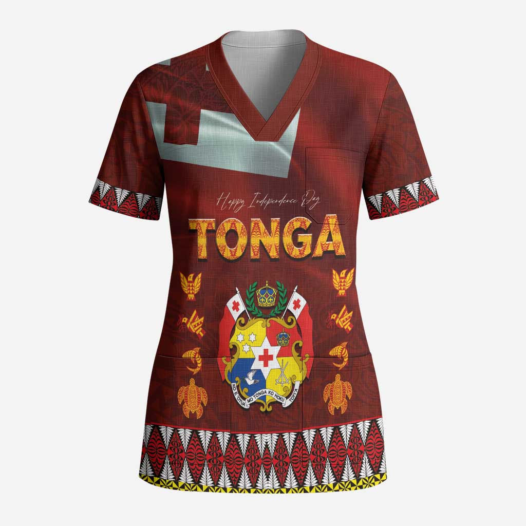 Tonga Independence Day Scrub Top National Flag and Emblem with Ngatu Art Pattern - Polynesian Pride