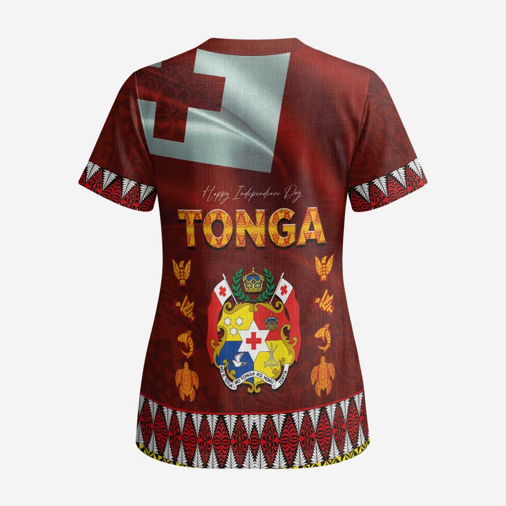 Tonga Independence Day Scrub Top National Flag and Emblem with Ngatu Art Pattern - Polynesian Pride