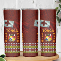Tonga Independence Day Skinny Tumbler National Flag and Emblem with Ngatu Art Pattern